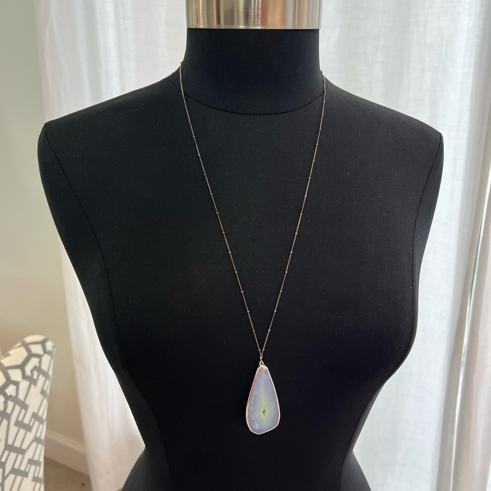 Robyn Rhodes Designer Light Blue Agate Gemstone Silver Bead Chain Long Necklace